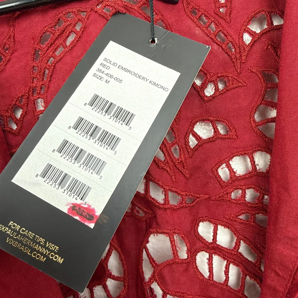ViX Paula Hermanny Kimono Womens Medium Red Solid Embroidery Cover Up Swim
